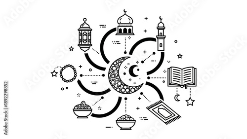 Ramadan Icon Set: A vector illustration celebrating the holy month of Ramadan with iconic symbols, offering a glimpse into its traditions and spiritual essence.