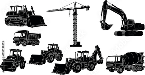 Construction Machinery Silhouettes Set Featuring Excavator Tower Crane Bulldozer Wheel Loader Dump Truck and Concrete Mixer Heavy Industrial Equipment Isolated on White Background