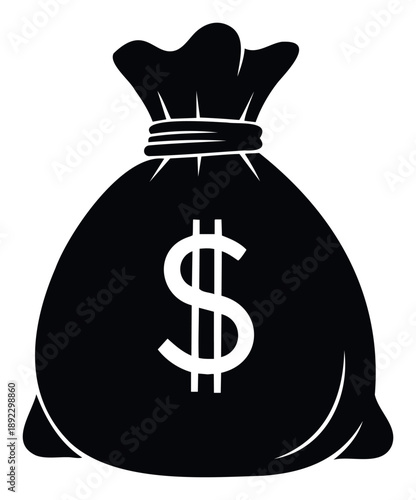 Financial success and wealth concept depicted by a monochrome graphic money bag with a prominent dollar symbol, ideal for business, economic, or investment communications.