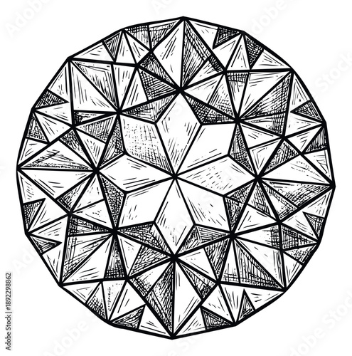 Abstract geometric faceted crystal drawing representing luxury and precision for decorative graphic prints, textile applications, branding marks, or modern apparel embellishments