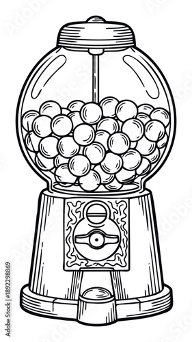 Traditional gumball dispenser filled with sweet round treats in a detailed line drawing suitable for whimsical confectionery shop decor or vintage dessert advertisement.