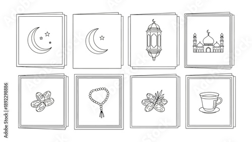 Eid Mubarak Symbols: A collection of meticulously drawn symbols of the holy month. Each card holds a significant image.