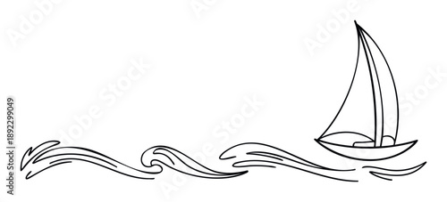 Simple outline drawing of a sailboat sailing on stylized ocean waves, perfect for maritime themed decor, childrens projects, or graphic design elements