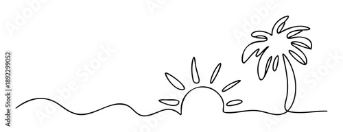 Simple continuous line drawing of a serene tropical beach with a sun and palm tree, ideal for vacation promotions, travel agency branding, or minimalist graphic design projects needing a