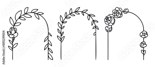 Simple botanical line art arches featuring gracefully curving stems with delicate leaves and charming blooming roses, perfect for elegant corner frames, wedding invitations, and greeting