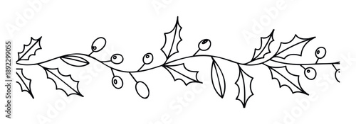 Decorative handdrawn Christmas holly berry vine line drawing ideal for festive holiday season greeting celebration borders frames and DIY crafting projects