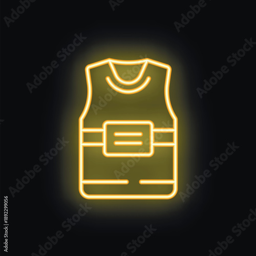 Yellow neon sign depicting a bulletproof vest, glowing on a black background