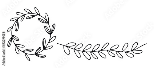 Minimalist hand drawn botanical wreath and organic leaf branch decoration perfect for wedding invitations greeting cards branding and social media templates.