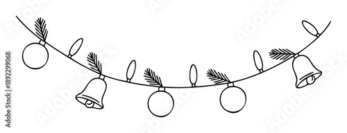 Hand drawn festive Christmas garland featuring ornaments bells pine needles and string lights perfect for holiday event invitations or seasonal web graphic design