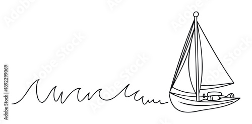 Simple black outline drawing of a classic sailboat with billowing sails gracefully gliding over stylized waves, perfect for maritime themes, travel publications, or peaceful aquatic designs.