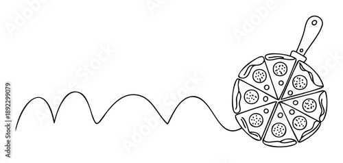 Festive pepperoni pizza slices arranged as a cheerful holiday ornament hanging from a wavy line, ideal for foodthemed seasonal promotions and winter event invitations.