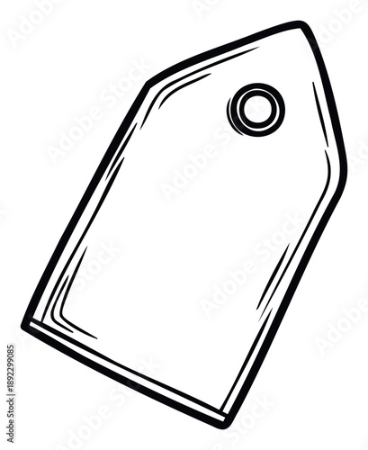 A simple graphic black outline drawing of a blank rectangular tag with a rounded corner and a hole for hanging, ideal for various product labeling, sale promotions, or pricing information