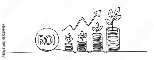 Illustrative single line drawing depicting Return On Investment concept with an upward trend arrow, growing plants on stacks of coins, symbolizing steady financial progress and wealth