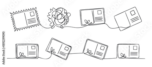 Continuous line drawing of multiple postcards connected by a single flowing stroke, depicting a journey of communication and memories, perfect for travel blogs or mail service advertising