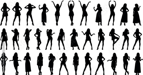 Female Silhouette Poses Collection Featuring Standing Dancing Fashion and Casual Woman Figures Stylish Human Shape Illustration Set Isolated on White Background