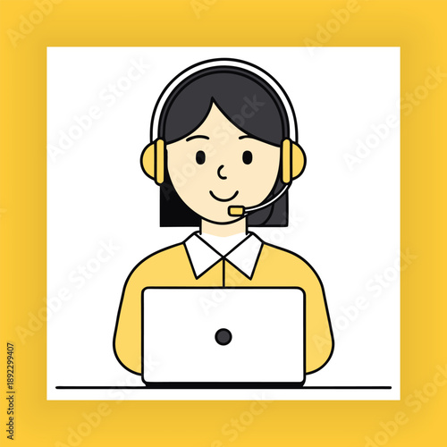 Customer Support Agent Working on Laptop, Online Help Desk Service, Flat Vector Illustration. Customer Service Representative with Headset and Laptop.