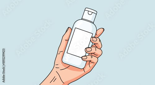 Hand holding white sanitizer bottle vector illustration isolated