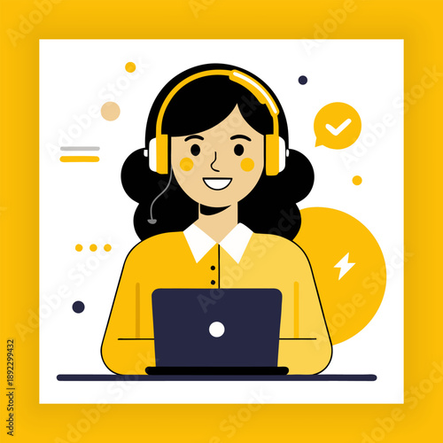 Customer Support Agent Working on Laptop, Online Help Desk Service, Flat Vector Illustration. Customer Service Representative with Headset and Laptop.