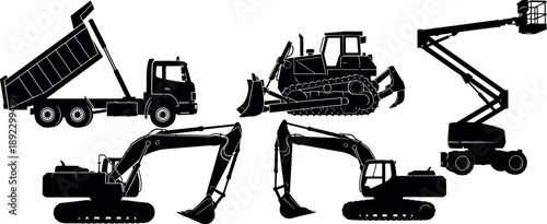 Heavy Construction Equipment Silhouettes Featuring Dump Truck Bulldozer Excavator Crawler Machines and Aerial Work Platform Icons Isolated on White Background for Engineering Illustration Collection