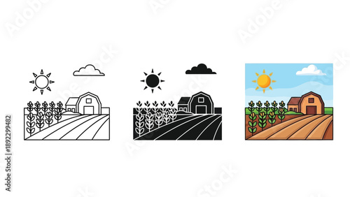 Farm landscape with barn, corn field, sun, and clouds in three styles outline, silhouette and full color illustration