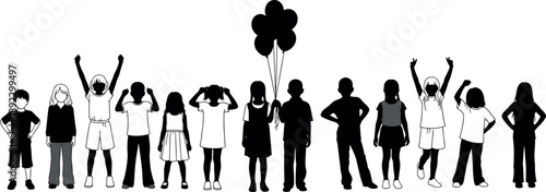 Group of children silhouettes standing together in playful poses with balloons, representing childhood diversity, friendship, celebration, education concept, black and white vector illustration