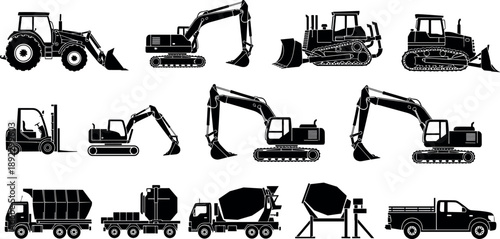 Heavy construction machinery silhouettes collection featuring excavators, bulldozers, forklifts, concrete mixer trucks, tractors, and industrial vehicles icons isolated on white background