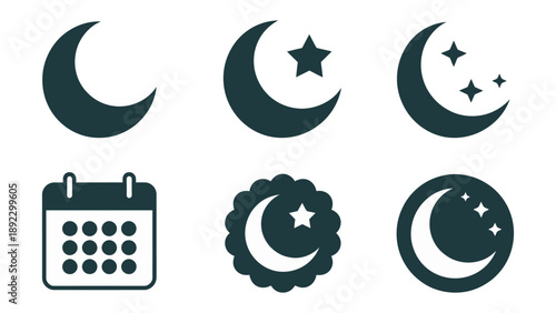 Lunar Symbols for Various Concepts: Several lunar symbols, including crescent moons and starry compositions, plus a calendar icon, present a blend of celestial and practical elements.