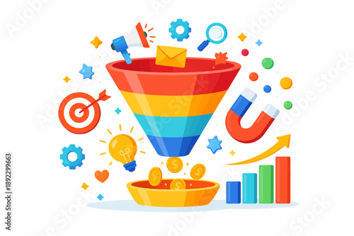 Colorful marketing funnel with icons and symbols depicting conversion process