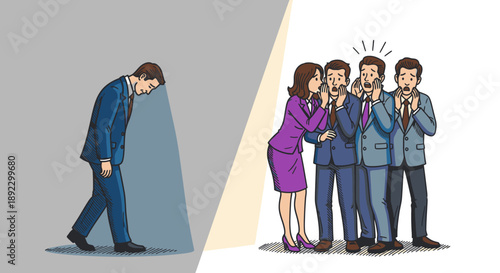 A man feeling isolated and depressed due to workplace gossip and social exclusion, highlighting mental health challenges in a corporate environment.