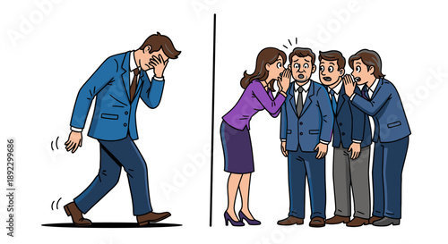 This conceptual image vividly portrays the detrimental effects of office gossip and social exclusion on an individual's mental well-being.