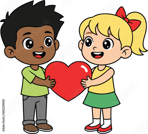 Happy diverse children sharing red heart cartoon vector illustration symbolizing friendship love kindness unity childhood joy innocence education care diversity