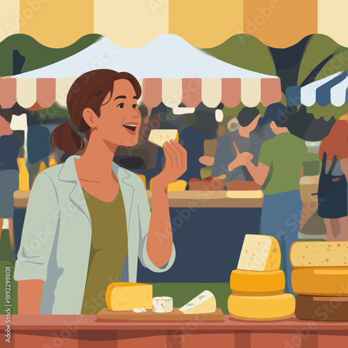 Woman tasting cheese at outdoor market with vendors in background  