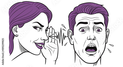 A secretive woman leans in closely to whisper startling news into a surprised man's ear, creating an atmosphere of shock and confidential communication.