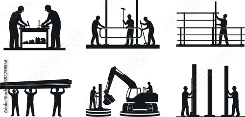 Industrial construction workers silhouettes set showing teamwork, assembly, welding, lifting materials, scaffolding installation, heavy machinery operation, engineering labor