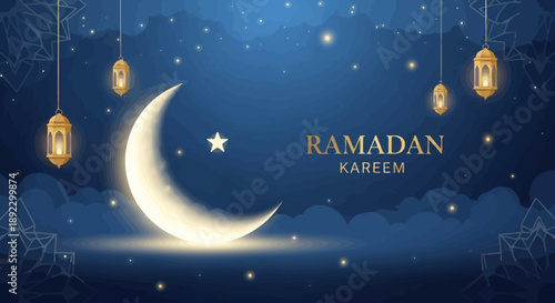 Ramadan Kareem Blue Sky Celebration with Golden Crescent Moon, Star, and Hanging Lanterns on Cloudy Night Background with Ornate Patterns
