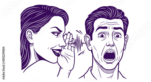 A woman shares a surprising secret with a shocked man, illustrating the power of gossip and unexpected revelations in a captivating vector style.