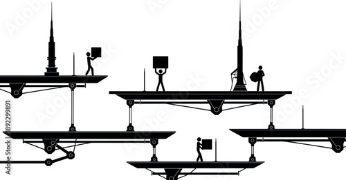 Industrial platform and construction scaffolding silhouettes featuring workers carrying boxes, mechanical structures, support systems, engineering workflow concepts, icons isolated on white background