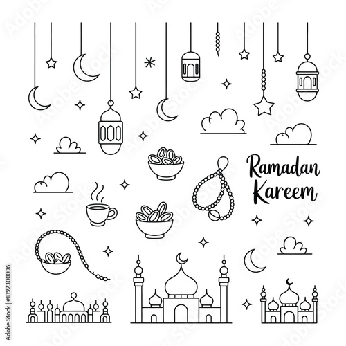 Ramadan Kareem Illustration: Simple line art elements in celebration of Ramadan, with crescent moons, lanterns, stars.