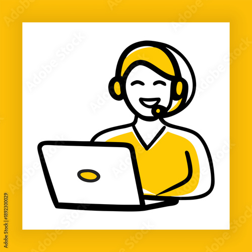 Customer Support Agent Working on Laptop, Online Help Desk Service, Flat Vector Illustration. Customer Service Representative with Headset and Laptop.