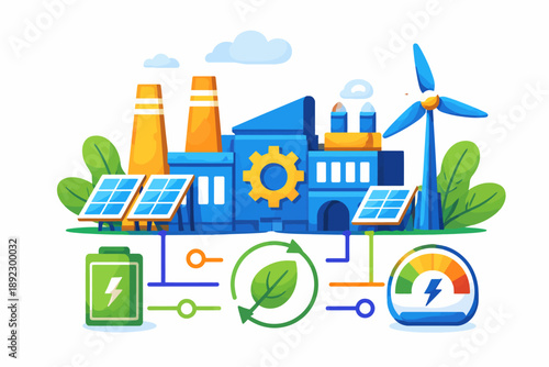 Renewable energy factory with solar panels, wind turbine, and eco-friendly technology
