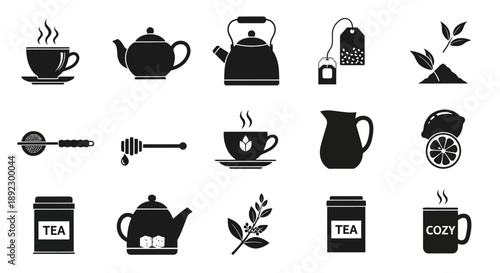 A collection of black silhouette icons representing various tea-related items and accessories, including cups, pots, kettles, and ingredients.