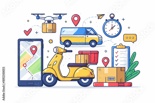 Colorful delivery concept with scooter, drone, van, and smartphone map