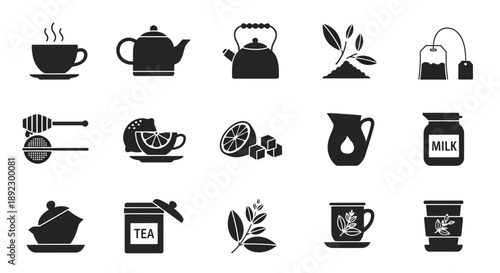A collection of black silhouette icons representing various tea-related items, including cups, teapots, kettles, tea leaves, tea bags, honey, lemon, milk, and sugar.