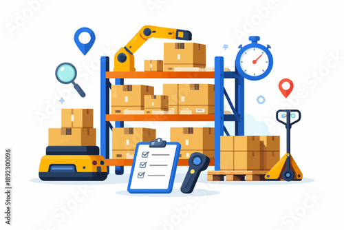 Warehouse automation: box stacking with robotic arm, shelves, and logistics tools