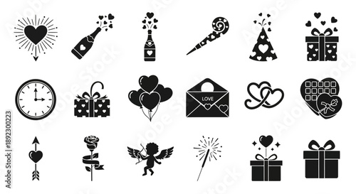 A collection of black and white icons for celebrations, love, and special occasions, including hearts, gifts, champagne, and party items.