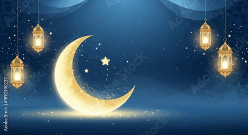A glowing golden crescent moon and stars in a deep blue night sky with four ornate golden lanterns, evoking a festive and spiritual atmosphere.