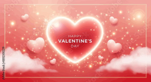 Vibrant Happy Valentine's Day greeting card with a glowing central heart, sparkling particles, and soft clouds on a romantic red background.