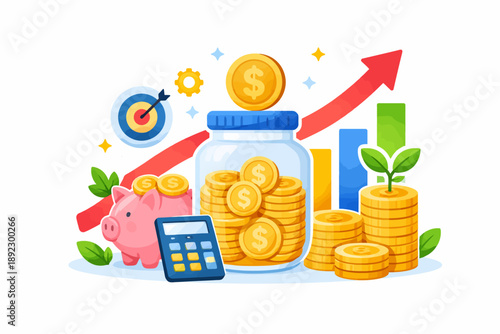 Financial growth concept with piggy bank, coins, and calculator illustration