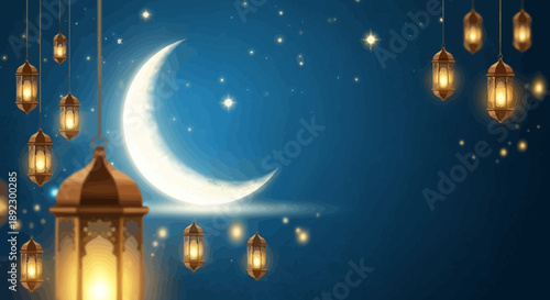 A beautiful crescent moon shines brightly in a dark blue starry night sky, surrounded by numerous glowing golden lanterns, evoking a festive and spiritual atmosphere.