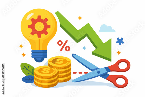 Economic downturn concept: financial loss with scissors, light bulb, arrows, and coins illustration